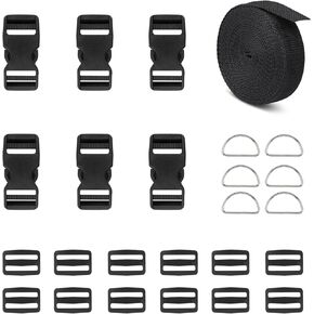Buckle and Strap Set 2 Inch: 6 Yards of Thick Nylon Webbing, 6 Pcs of Heavy Duty Adjustable Quick Side Release Plastic Buckles, 12 pcs Three-way Sliding Plastic Buckle Clips, 6 Pcs Metal D Rings