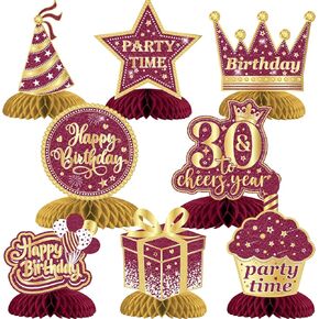 8 Pieces Burgundy 30th Birthday Decorations, Happy 30th Birthday Honeycomb Centerpieces, Cheers to 30 Years Table Decorations for Thirty Year Old Bday Party