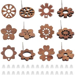NBEADS 18 Pairs Natural Wooden Stud Earrings Post, 6 Styles Wooden Flower Stud Earrings Walnut Wood Earring Accessories with Stainless Steel Pin and 36 Pcs Plastic Ear Nuts for DIY Jewelry Making