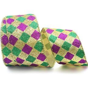 Hying Mardi Gras Ribbons for Wreath Bows Wrapping Gifts, Stripe Glitter Green Purple Ribbons for Mardi Gras Carnival Decoration DIY Crafts, 2.5" X 10 Yards Mardi Gras Wired Edge Yellow Glitter Ribbon in Saudi Arabia
