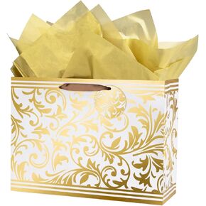 WRAPAHOLIC Christmas Gift Bags - 6 Pack Large Size White Gold Foil Merry Christmas Lettering Bags with 18 Sheets Wrapping Tissue Paper - 16" x 6" x 12"