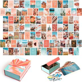 Peach Aesthetic Wall Collage Kit, Room Decor for Teen Girls, Peachy Teal Wall Art Print, Dorm Photo Collection, Boho Posters for Room Aesthetic… (Peach 100 Set)