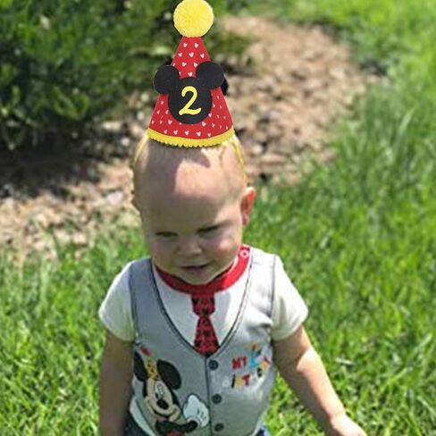 قبعة حفلة ميكي | زي عيد الميلاد الثاني للأولاد ميكي ماوس قبعة حفلة كعكة الزي | زي عيد الميلاد الثاني | قبعة الحفلات | صورة كعكة تحطيم الصور (قبعة عيد الميلاد الثانية، حزام مطاطي) in Kuwait