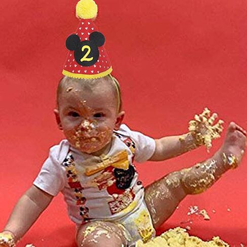 قبعة حفلة ميكي | زي عيد الميلاد الثاني للأولاد ميكي ماوس قبعة حفلة كعكة الزي | زي عيد الميلاد الثاني | قبعة الحفلات | صورة كعكة تحطيم الصور (قبعة عيد الميلاد الثانية، حزام مطاطي) in Kuwait