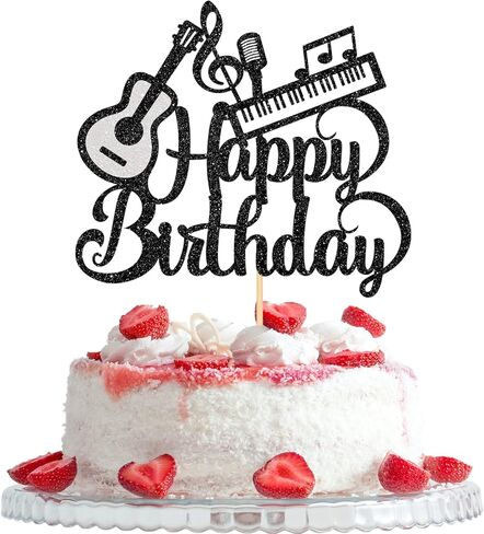 موسيقى الجيتار البيانو عيد ميلاد سعيد كعكة توبر، عاشق الموسيقى موضوع حفلة عيد ميلاد اللوازم، عيد ميلاد سعيد علامة كعكة الزينة لمشغل النوتات الموسيقية البيانو الغيتار، بريق أسود in Kuwait