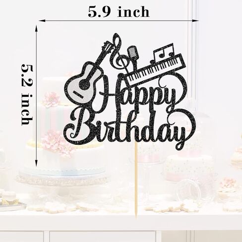 موسيقى الجيتار البيانو عيد ميلاد سعيد كعكة توبر، عاشق الموسيقى موضوع حفلة عيد ميلاد اللوازم، عيد ميلاد سعيد علامة كعكة الزينة لمشغل النوتات الموسيقية البيانو الغيتار، بريق أسود in Kuwait