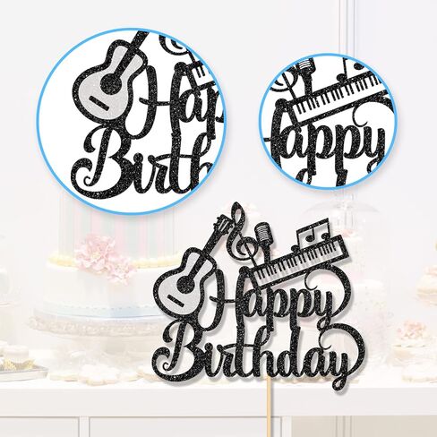 موسيقى الجيتار البيانو عيد ميلاد سعيد كعكة توبر، عاشق الموسيقى موضوع حفلة عيد ميلاد اللوازم، عيد ميلاد سعيد علامة كعكة الزينة لمشغل النوتات الموسيقية البيانو الغيتار، بريق أسود in Kuwait