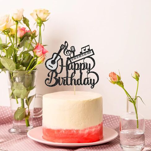 موسيقى الجيتار البيانو عيد ميلاد سعيد كعكة توبر، عاشق الموسيقى موضوع حفلة عيد ميلاد اللوازم، عيد ميلاد سعيد علامة كعكة الزينة لمشغل النوتات الموسيقية البيانو الغيتار، بريق أسود in Kuwait