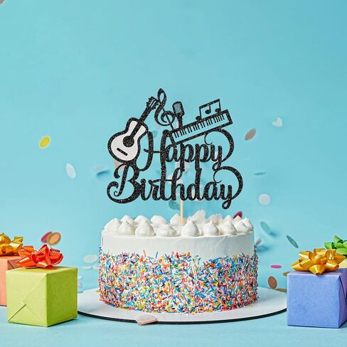موسيقى الجيتار البيانو عيد ميلاد سعيد كعكة توبر، عاشق الموسيقى موضوع حفلة عيد ميلاد اللوازم، عيد ميلاد سعيد علامة كعكة الزينة لمشغل النوتات الموسيقية البيانو الغيتار، بريق أسود in Kuwait