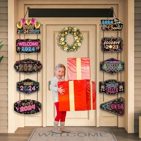 Neon New Years Door Decorations 2024 Colorful Neon Happy New Year Porch Sign Door Banner Neon Firework 2024 New Year Welcome Porch Banner Hanging Backdrop for 2024 New Years Eve Party Supplies in Saudi Arabia
