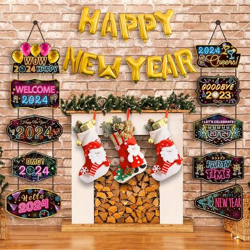 Neon New Years Door Decorations 2024 Colorful Neon Happy New Year Porch Sign Door Banner Neon Firework 2024 New Year Welcome Porch Banner Hanging Backdrop for 2024 New Years Eve Party Supplies in Saudi Arabia