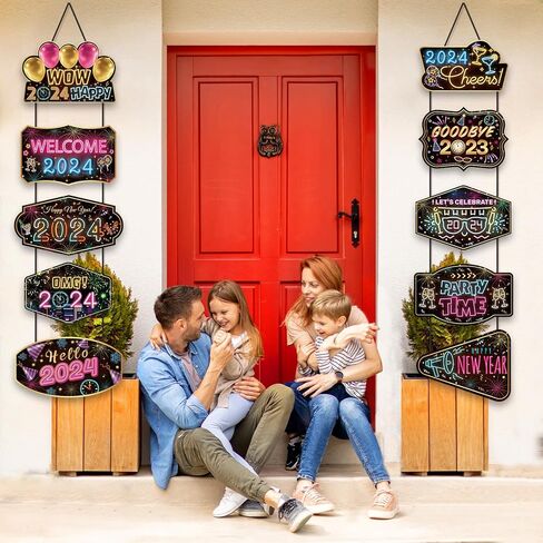 Neon New Years Door Decorations 2024 Colorful Neon Happy New Year Porch Sign Door Banner Neon Firework 2024 New Year Welcome Porch Banner Hanging Backdrop for 2024 New Years Eve Party Supplies in Saudi Arabia