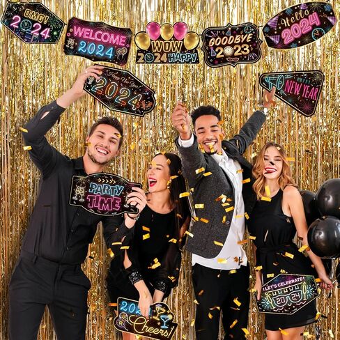 Neon New Years Door Decorations 2024 Colorful Neon Happy New Year Porch Sign Door Banner Neon Firework 2024 New Year Welcome Porch Banner Hanging Backdrop for 2024 New Years Eve Party Supplies in Saudi Arabia