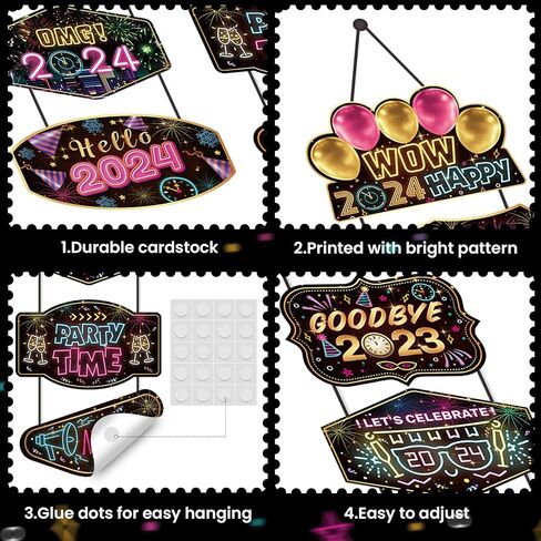 Neon New Years Door Decorations 2024 Colorful Neon Happy New Year Porch Sign Door Banner Neon Firework 2024 New Year Welcome Porch Banner Hanging Backdrop for 2024 New Years Eve Party Supplies in Saudi Arabia