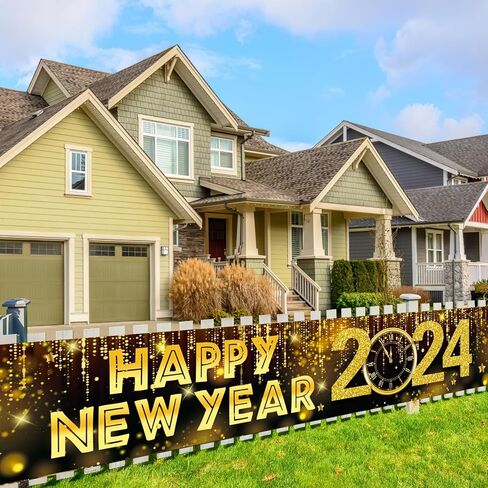 لافتة سنة جديدة سعيدة من GERMISHUYS، ديكورات سنة جديدة سعيدة 2024، لافتة لافتة ساحة سنة جديدة سعيدة، سياج الباب الأمامي لمستلزمات حفلات رأس السنة الجديدة in Kuwait