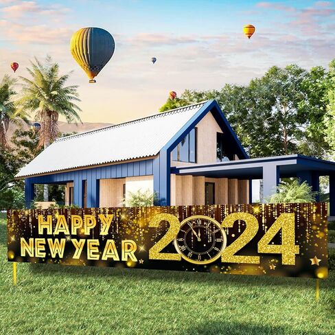 لافتة سنة جديدة سعيدة من GERMISHUYS، ديكورات سنة جديدة سعيدة 2024، لافتة لافتة ساحة سنة جديدة سعيدة، سياج الباب الأمامي لمستلزمات حفلات رأس السنة الجديدة in Kuwait