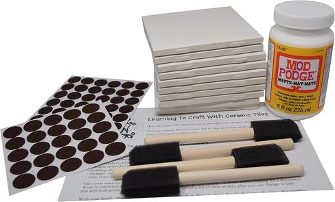 Annys Coaster Tile Kit: Set of 10 Glossy White Ceramic Tiles 4 by 4 Each, Exclusive Guide for Tile Crafts, Mod Podge, 4 Sponge Craft Brushes and Felt Pads in Kuwait