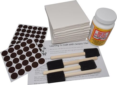 Annys Coaster Tile Kit: Set of 10 Glossy White Ceramic Tiles 4 by 4 Each, Exclusive Guide for Tile Crafts, Mod Podge, 4 Sponge Craft Brushes and Felt Pads in Kuwait