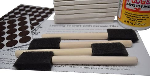 Annys Coaster Tile Kit: Set of 10 Glossy White Ceramic Tiles 4 by 4 Each, Exclusive Guide for Tile Crafts, Mod Podge, 4 Sponge Craft Brushes and Felt Pads in Kuwait