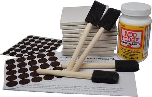 Annys Coaster Tile Kit: Set of 10 Glossy White Ceramic Tiles 4 by 4 Each, Exclusive Guide for Tile Crafts, Mod Podge, 4 Sponge Craft Brushes and Felt Pads in Kuwait