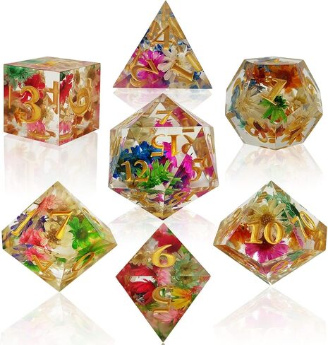 AHDKEJG DND مجموعة النرد D&D الزنزانات والتنينات RPG MTG D20 متعدد السطوح باثفايندر لعب الأدوار D وD ملحقات ألعاب الطاولة نرد الراتنج مع حواف حادة حقيبة تخزين الهدايا - زهرة in Kuwait