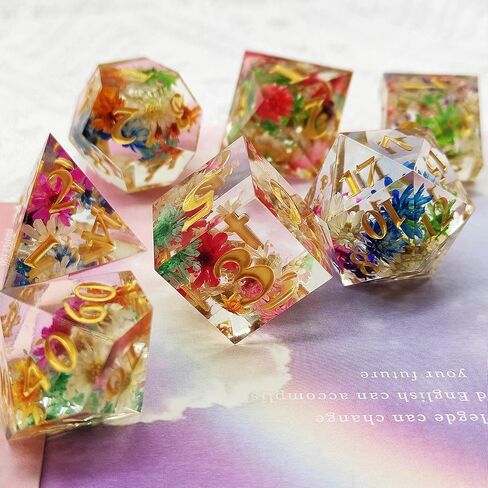 AHDKEJG DND مجموعة النرد D&D الزنزانات والتنينات RPG MTG D20 متعدد السطوح باثفايندر لعب الأدوار D وD ملحقات ألعاب الطاولة نرد الراتنج مع حواف حادة حقيبة تخزين الهدايا - زهرة in Kuwait