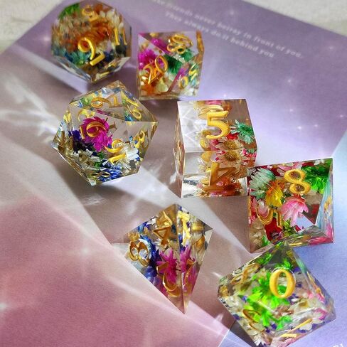 AHDKEJG DND مجموعة النرد D&D الزنزانات والتنينات RPG MTG D20 متعدد السطوح باثفايندر لعب الأدوار D وD ملحقات ألعاب الطاولة نرد الراتنج مع حواف حادة حقيبة تخزين الهدايا - زهرة in Kuwait