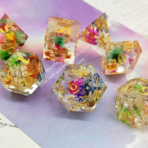 AHDKEJG DND مجموعة النرد D&D الزنزانات والتنينات RPG MTG D20 متعدد السطوح باثفايندر لعب الأدوار D وD ملحقات ألعاب الطاولة نرد الراتنج مع حواف حادة حقيبة تخزين الهدايا - زهرة in Kuwait