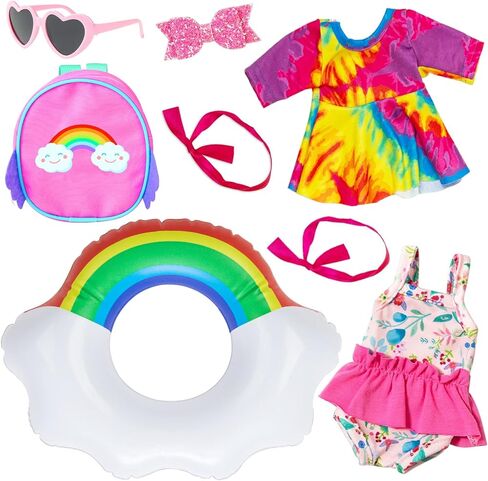 ZITA ELEMENT 14.5 بوصة دمية طفل أمريكي أفريقي أسود مع 9 قطع من إكسسوارات ملابس الدمية - فستان ملابس السباحة وحقيبة الظهر وحلقات السباحة والنظارات الشمسية وأربطة الشعر ومشبك الشعر in Kuwait