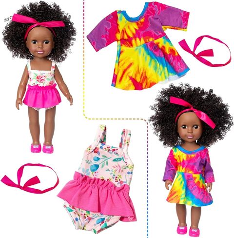 ZITA ELEMENT 14.5 بوصة دمية طفل أمريكي أفريقي أسود مع 9 قطع من إكسسوارات ملابس الدمية - فستان ملابس السباحة وحقيبة الظهر وحلقات السباحة والنظارات الشمسية وأربطة الشعر ومشبك الشعر in Kuwait