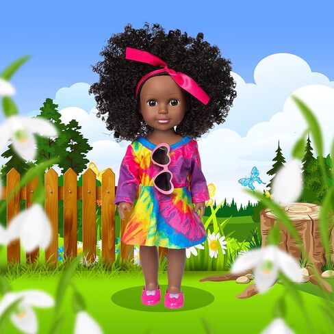 ZITA ELEMENT 14.5 بوصة دمية طفل أمريكي أفريقي أسود مع 9 قطع من إكسسوارات ملابس الدمية - فستان ملابس السباحة وحقيبة الظهر وحلقات السباحة والنظارات الشمسية وأربطة الشعر ومشبك الشعر in Kuwait