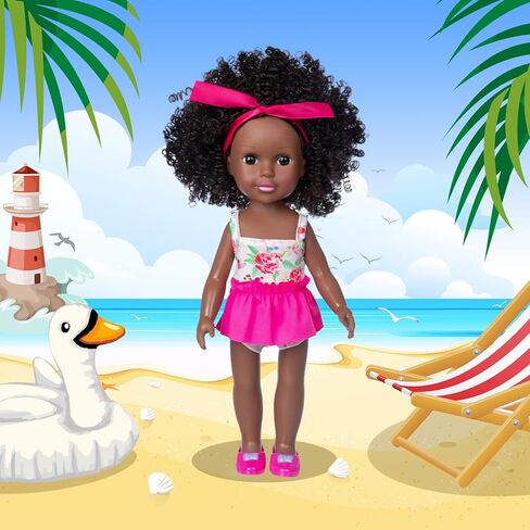 ZITA ELEMENT 14.5 بوصة دمية طفل أمريكي أفريقي أسود مع 9 قطع من إكسسوارات ملابس الدمية - فستان ملابس السباحة وحقيبة الظهر وحلقات السباحة والنظارات الشمسية وأربطة الشعر ومشبك الشعر in Kuwait