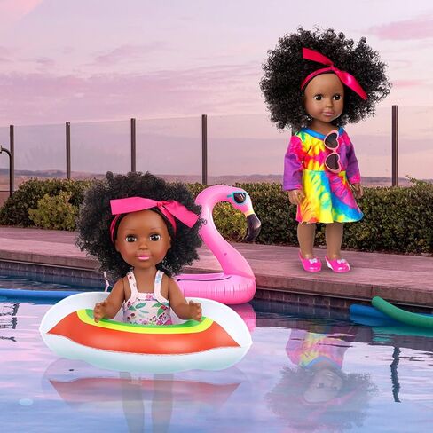 ZITA ELEMENT 14.5 بوصة دمية طفل أمريكي أفريقي أسود مع 9 قطع من إكسسوارات ملابس الدمية - فستان ملابس السباحة وحقيبة الظهر وحلقات السباحة والنظارات الشمسية وأربطة الشعر ومشبك الشعر in Kuwait