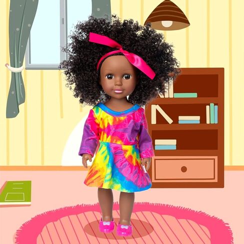 ZITA ELEMENT 14.5 بوصة دمية طفل أمريكي أفريقي أسود مع 9 قطع من إكسسوارات ملابس الدمية - فستان ملابس السباحة وحقيبة الظهر وحلقات السباحة والنظارات الشمسية وأربطة الشعر ومشبك الشعر in Kuwait