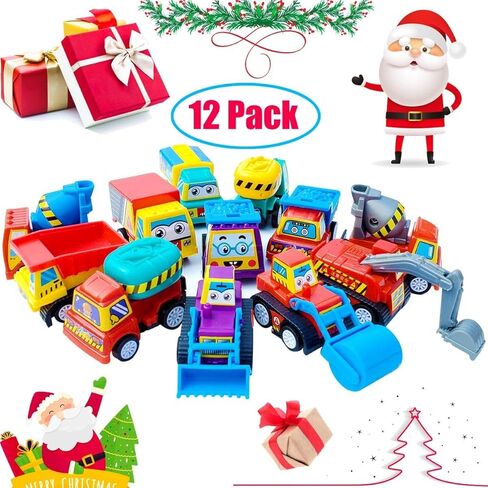 مجموعة من 12 شاحنة بناء صغيرة متنوعة من توكروب 5.08 سم - بيضة عيد الفصح المثالية وبيض بيناتا - هدية للأطفال الصغار الأولاد والبنات والأطفال - مجموعة لعب سيارة سحب للخلف والذهب. in Kuwait