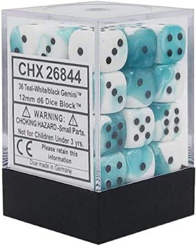 مجموعة نرد Chessex DND - نرد Chessex D&D - 12 مم الجوزاء الأبيض والأزرق المخضر والأسود مجموعة نرد متعدد السطوح من البلاستيك - الزنزانات والتنينات النرد 36 نرد - D6، متنوع (CHX26844) in Saudi Arabia