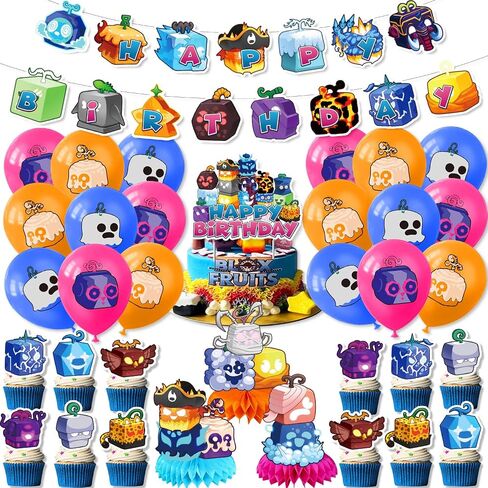 Blox Fruits Birthday Party Decorations, Include Fruits Birthday Banner, Table Centerpieces, Cake Topper, Latex Balloons for Blox Fruits Theme Kids Fans Birthday Party Supplies in Saudi Arabia