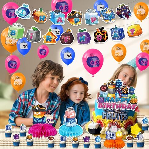 Blox Fruits Birthday Party Decorations, Include Fruits Birthday Banner, Table Centerpieces, Cake Topper, Latex Balloons for Blox Fruits Theme Kids Fans Birthday Party Supplies in Saudi Arabia