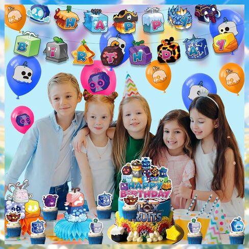 Blox Fruits Birthday Party Decorations, Include Fruits Birthday Banner, Table Centerpieces, Cake Topper, Latex Balloons for Blox Fruits Theme Kids Fans Birthday Party Supplies in Saudi Arabia