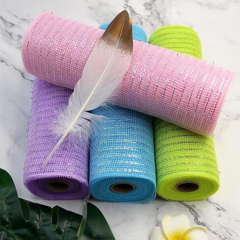 4th of July Mesh Ribbon Deco,White Blue Red Border Striped Deco Mesh Wire Ribbon Metallic Foil Rolls for DIY 4th of July Decorations Wrapping Craft, 4 Rolls(10 inch Wide) in Saudi Arabia