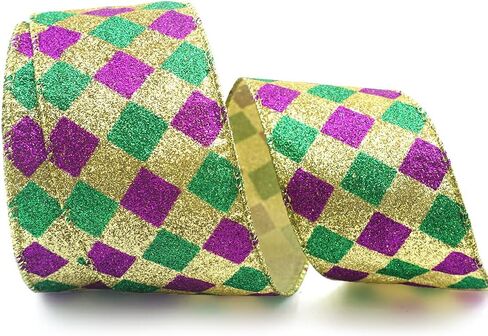 Hying Mardi Gras Ribbons for Wreath Bows Wrapping Gifts, Stripe Glitter Green Purple Ribbons for Mardi Gras Carnival Decoration DIY Crafts, 2.5" X 10 Yards Mardi Gras Wired Edge Yellow Glitter Ribbon in Saudi Arabia