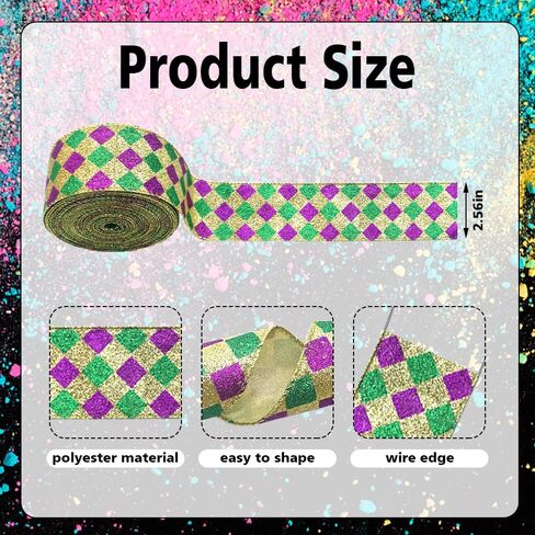 Hying Mardi Gras Ribbons for Wreath Bows Wrapping Gifts, Stripe Glitter Green Purple Ribbons for Mardi Gras Carnival Decoration DIY Crafts, 2.5" X 10 Yards Mardi Gras Wired Edge Yellow Glitter Ribbon in Saudi Arabia