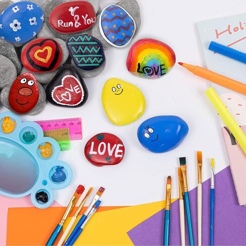 28 قطعة من صخور النهر للطلاء، 6 باوند 2-3 انش صخور كبيرة طبيعية للطلاء، صخور رسم حرفية مسطحة و12 فرشاة طلاء، احجار لطيفة لهدايا الكريسماس والحرف اليدوية والديكور in Kuwait