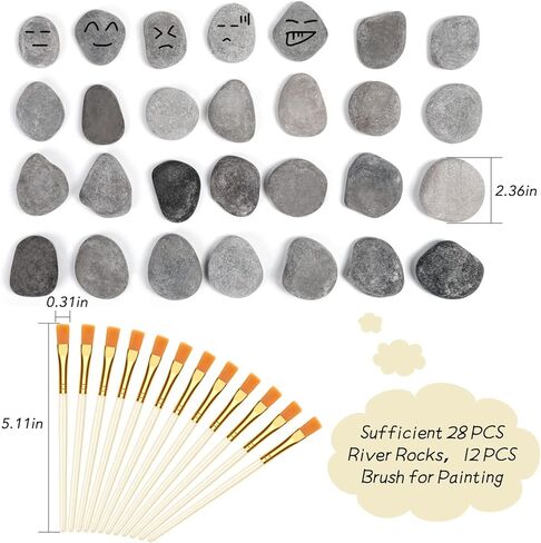 28 قطعة من صخور النهر للطلاء، 6 باوند 2-3 انش صخور كبيرة طبيعية للطلاء، صخور رسم حرفية مسطحة و12 فرشاة طلاء، احجار لطيفة لهدايا الكريسماس والحرف اليدوية والديكور in Kuwait