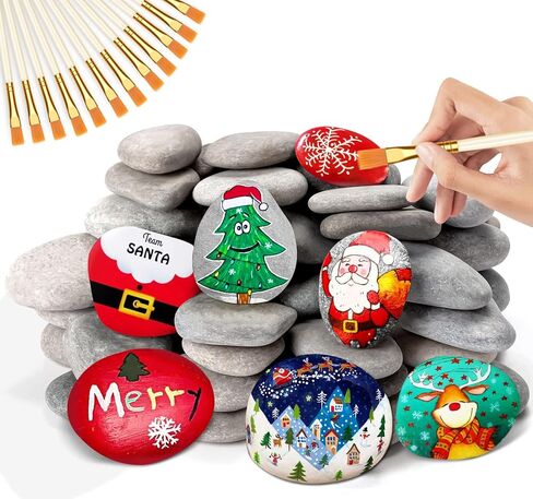 28 قطعة من صخور النهر للطلاء، 6 باوند 2-3 انش صخور كبيرة طبيعية للطلاء، صخور رسم حرفية مسطحة و12 فرشاة طلاء، احجار لطيفة لهدايا الكريسماس والحرف اليدوية والديكور in Kuwait