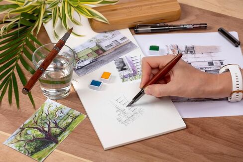 فرش ألوان مائية للسفر للرسم السريع - قلم Fude Nib للرسم - فرش رسم احترافية مع غلاف من اللباد الأخضر الزيتوني in Kuwait