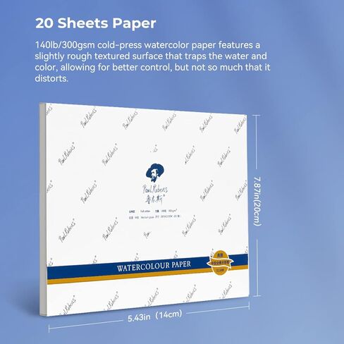 ورق تلوين مائي عالي الجودة بول روبنز للفنانين، ورق رسم خالٍ من الاحماض مضغوط على البارد 7.87 انش × 5.43 انش، 100% قطن 300 غرام لكل متر مربع، 40 ورقة، لوازم فنية للرسم بالألوان المائية للمبتدئين in Kuwait