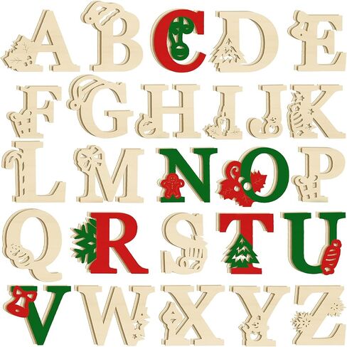 52 Pieces Christmas Wooden Letters Unfinished Wood Blank Letters Xmas Wooden Alphabet Letters Paintable Rustic Letters Crafts for Christmas Painting Enlightenment Education DIY Craft in Saudi Arabia