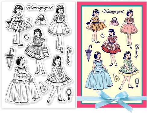 BENECREAT Vintage Girl Clear Stamps Beautiful Girl in Full Dress PVC Silicone Stamps for for DIY Scrapbooking, Photo Album Decorative, Cards Making, 6.3x4.3 inch in Saudi Arabia