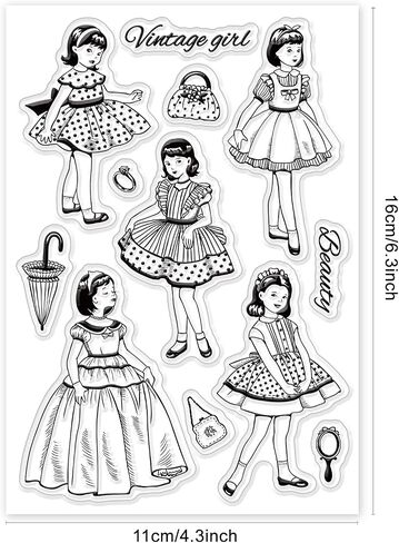 BENECREAT Vintage Girl Clear Stamps Beautiful Girl in Full Dress PVC Silicone Stamps for for DIY Scrapbooking, Photo Album Decorative, Cards Making, 6.3x4.3 inch in Saudi Arabia